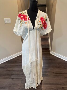 Bohemian Cream Maxi Dress with Pink Floral Embroidery
